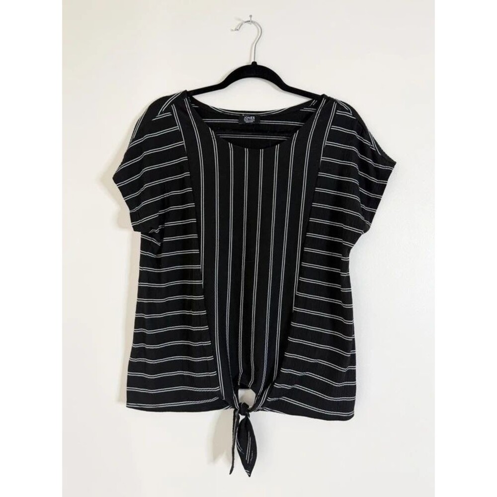 Jones New York Women’s Small Black White Striped Tie Front Short Sleeve Top